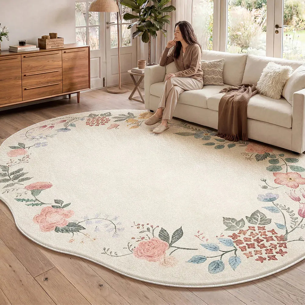 Irregular Shaped Plush Rug For Living Room With Flower Pattern