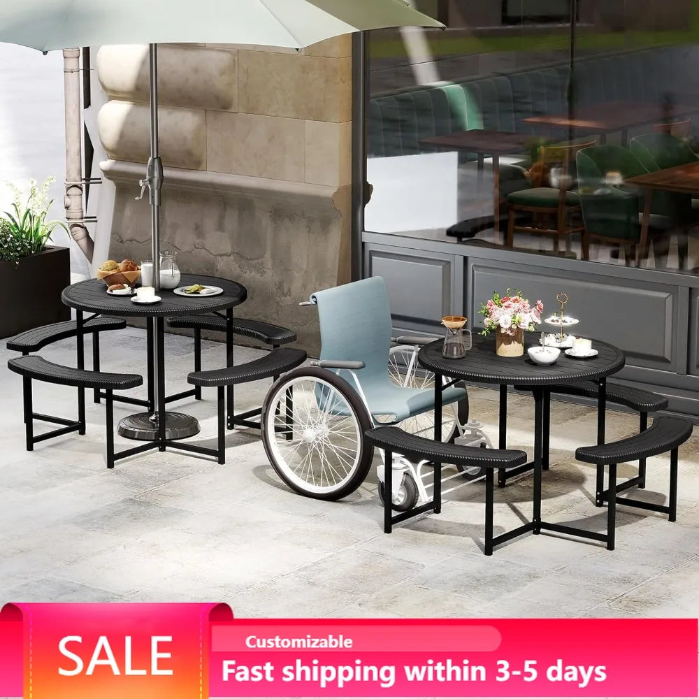 8 Person Round Picnic Table with 4 Benches, HDPE Outdoor Dining Set, Umbrella Hole, Heavy Duty Metal Frame for Garden Patio Lawn