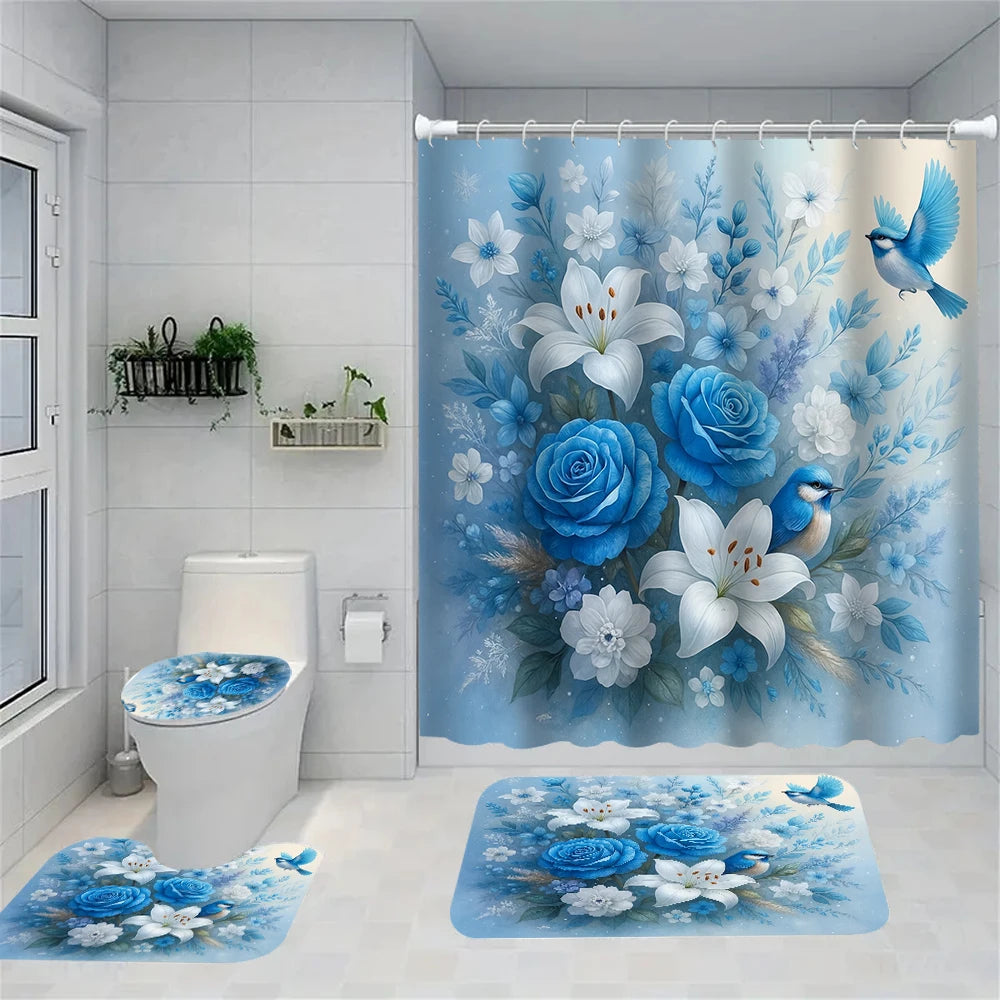 Flower Bird Shower Curtain Set With Carpet And Toilet Seat
