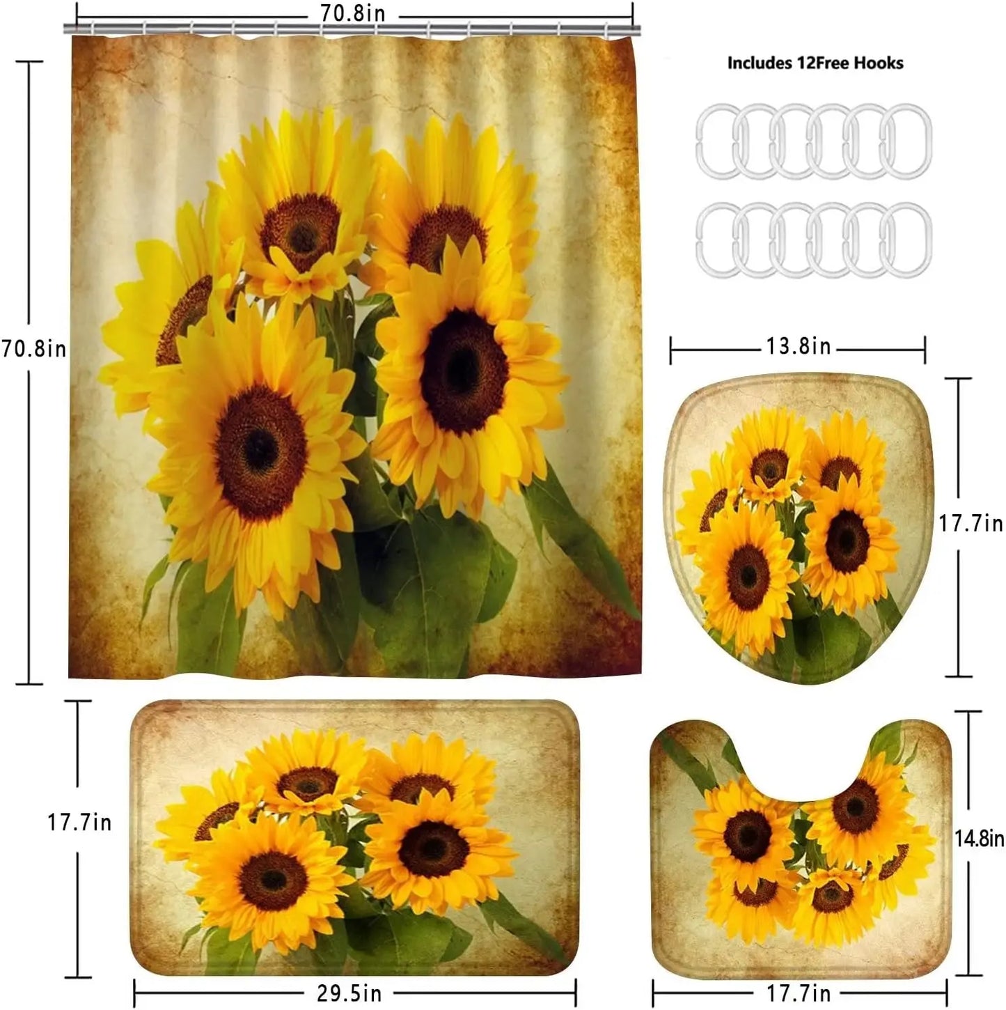 4 Piece Sunflower Shower Curtain Set - Yellow Floral Flower Bathroom Decor - Washable Fabric Curtain - Rugs and Toilet Lid Cover