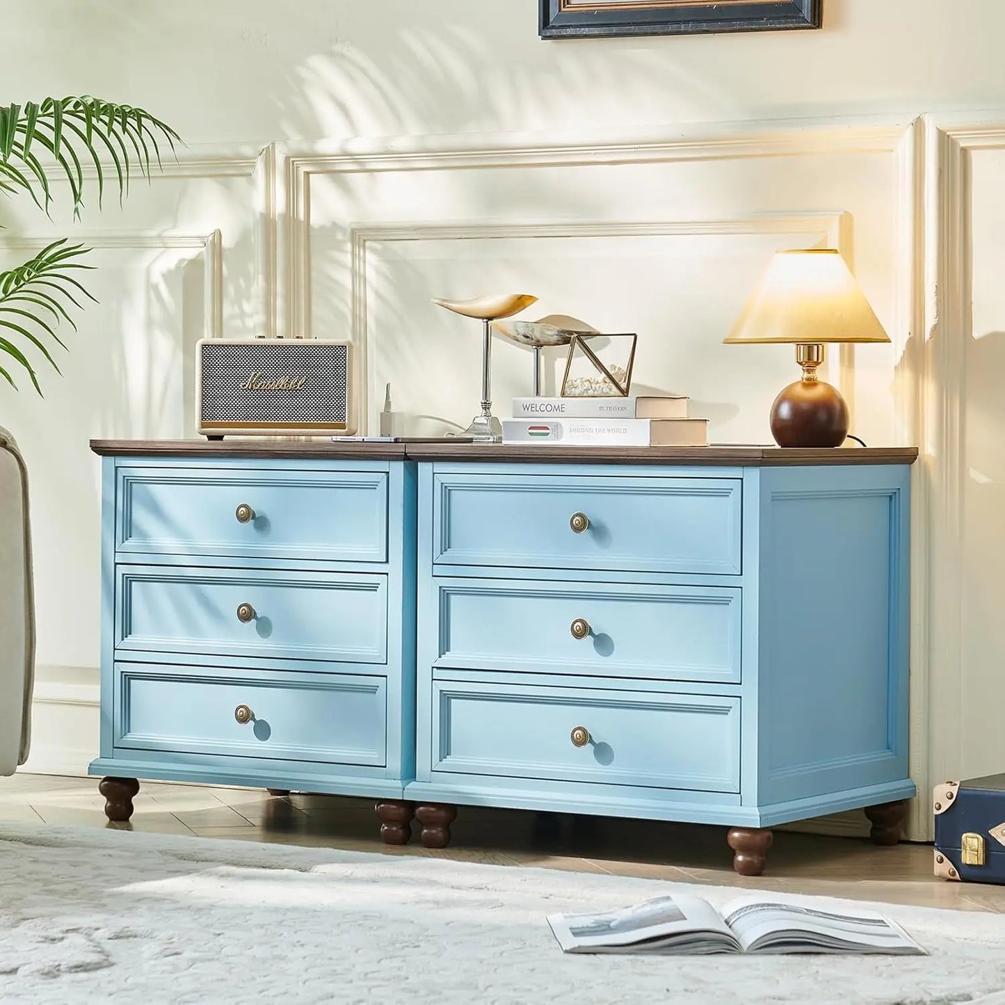 Farmhouse Nightstand With Charging Station Three Drawers Bedside Wood
