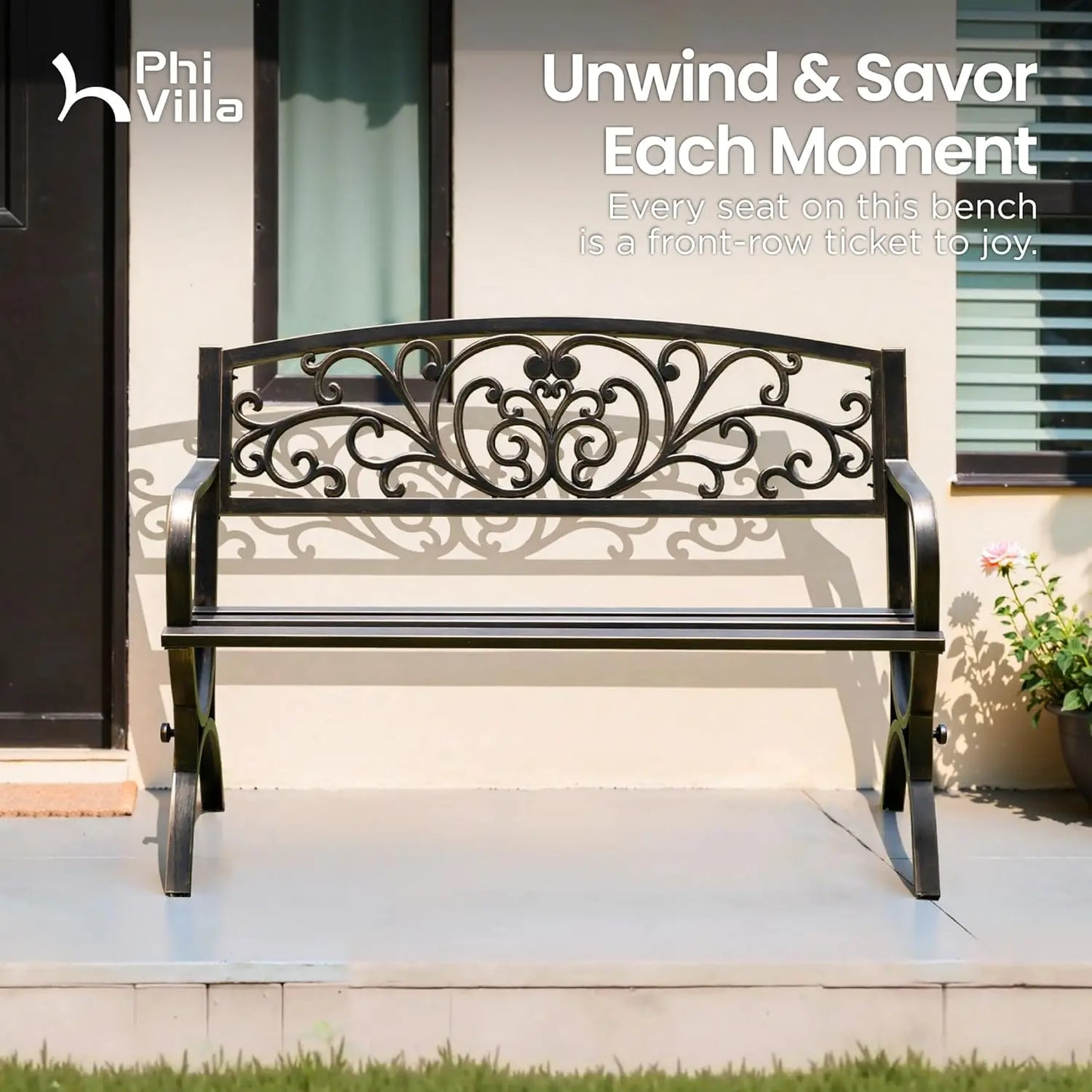 50in Cast Iron Steel Garden Bench Patio Chair w/Floral Backrest Slatted Seat Park Yard Porch Bronze, Customized