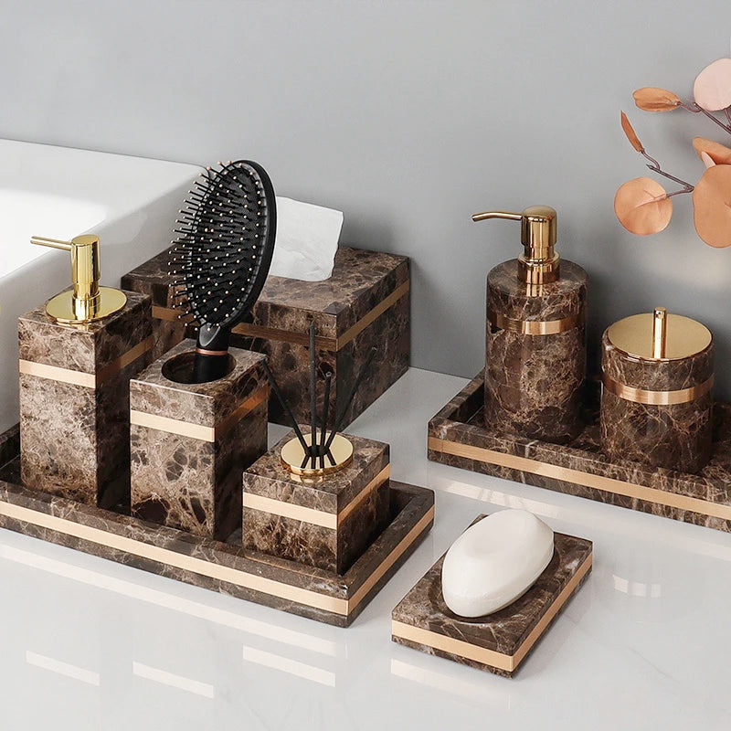 Emperador Dark Natural Marble Bathroom Set Luxury Stone Toothbrush Holder Tooth Mug Soap Dispenser Bathroom Accessories