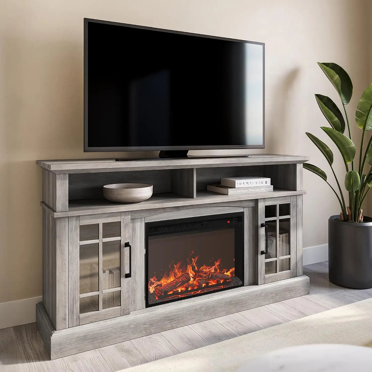 Rustic Entertainment Console With Electric Fireplace Sound And Storage
