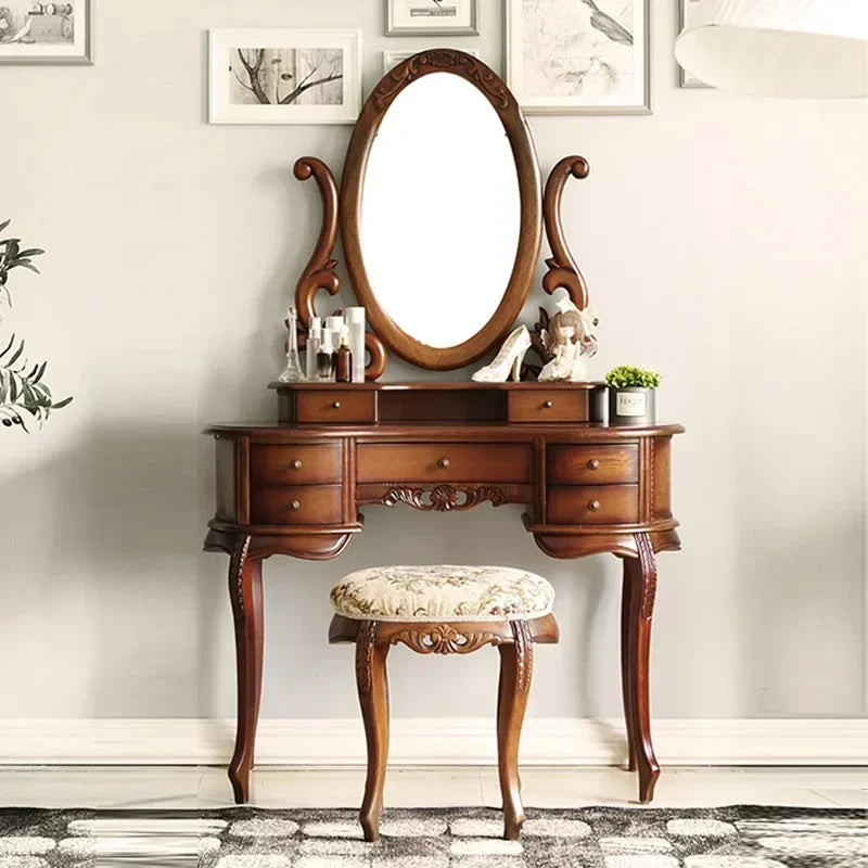 Mirror Table Bedroom European Solid Wood Dresser Amercia Princess Furniture Dark Villa Luxury Carved Makeup Table Dressing Table