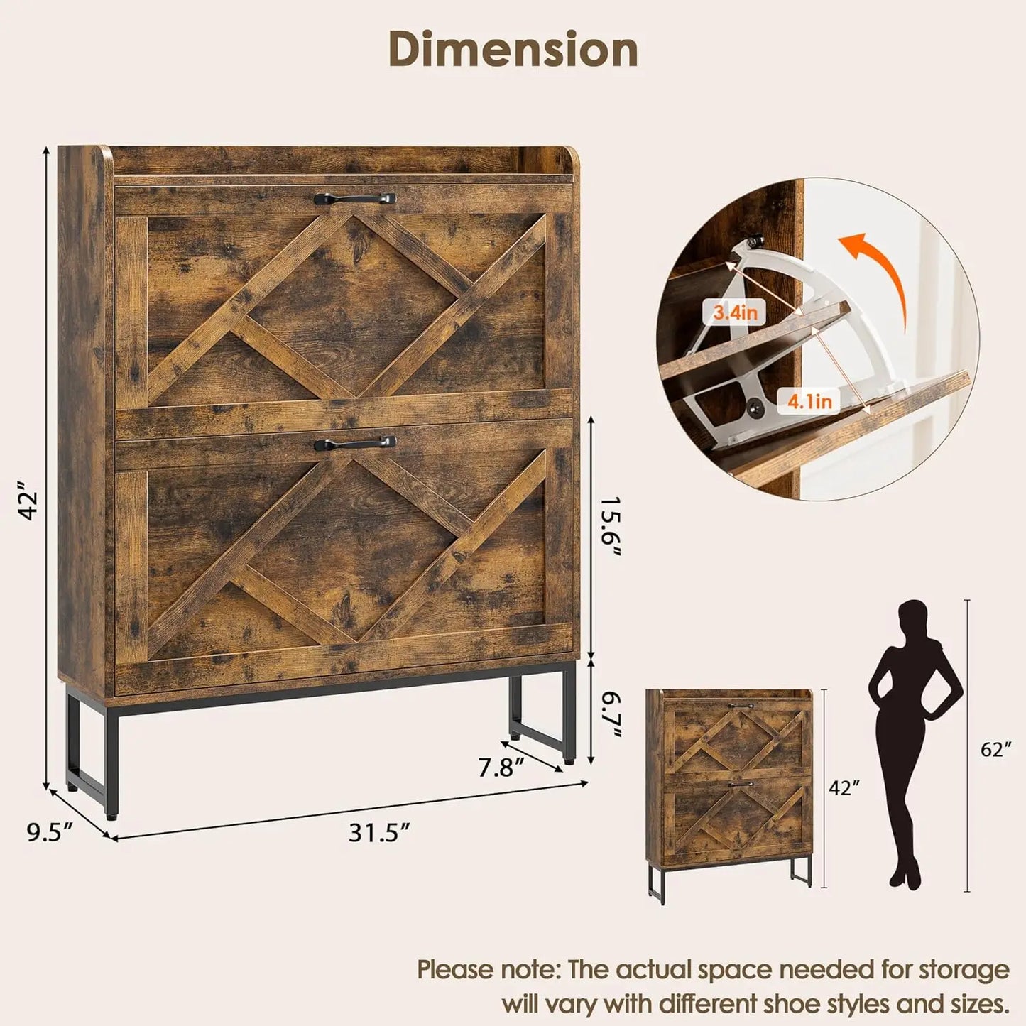 Shoe Cabinet Organizer with 2 Flip Drawers, Narrow Rack with Metal Legs, Slim Storage for Entryway, Foyer, Hallway, Rustic Brown