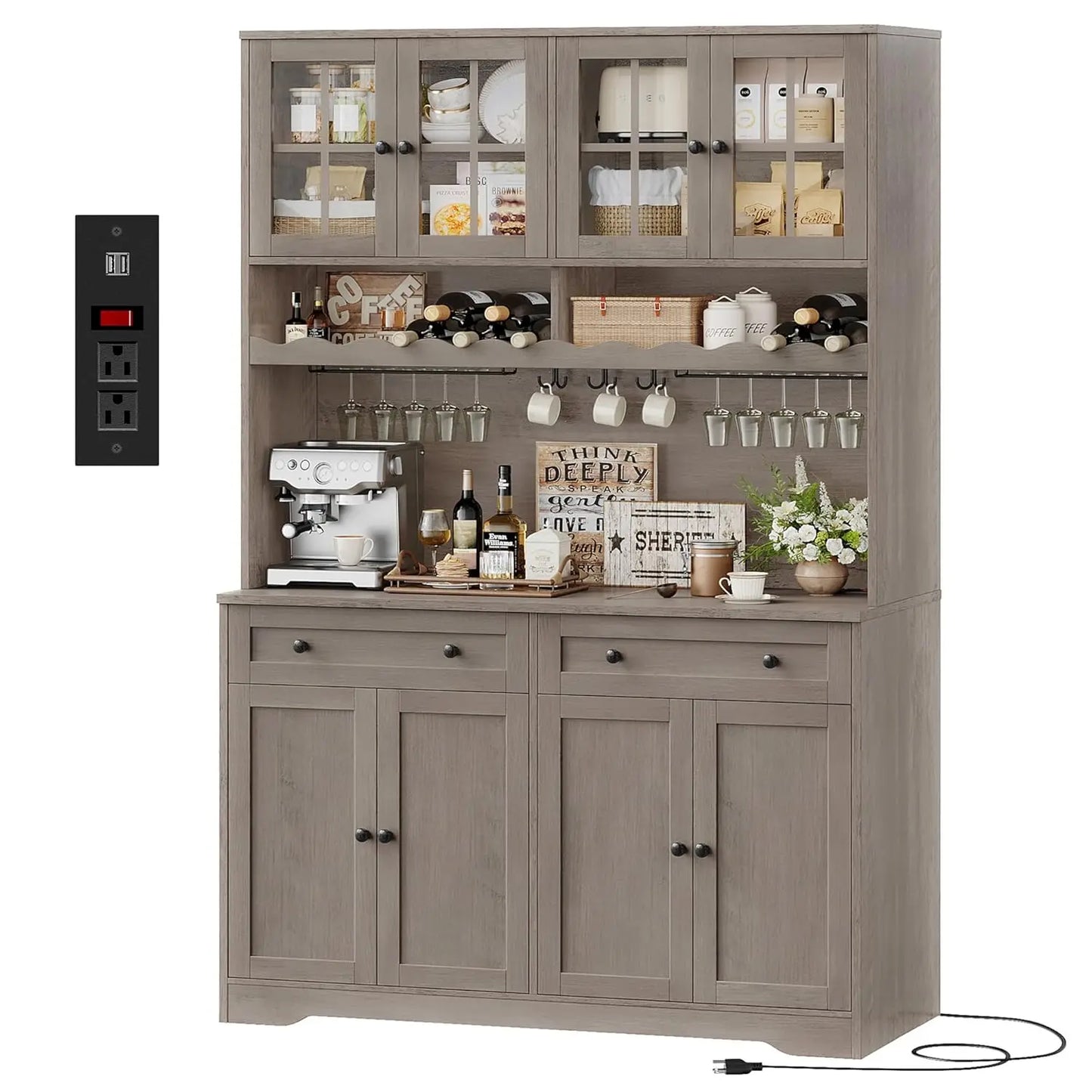 75.4" Tall Kitchen Pantry Cabinet with Charging Station, Modern White Kitchen Hutch with Microwave Stand and Wine, Customized