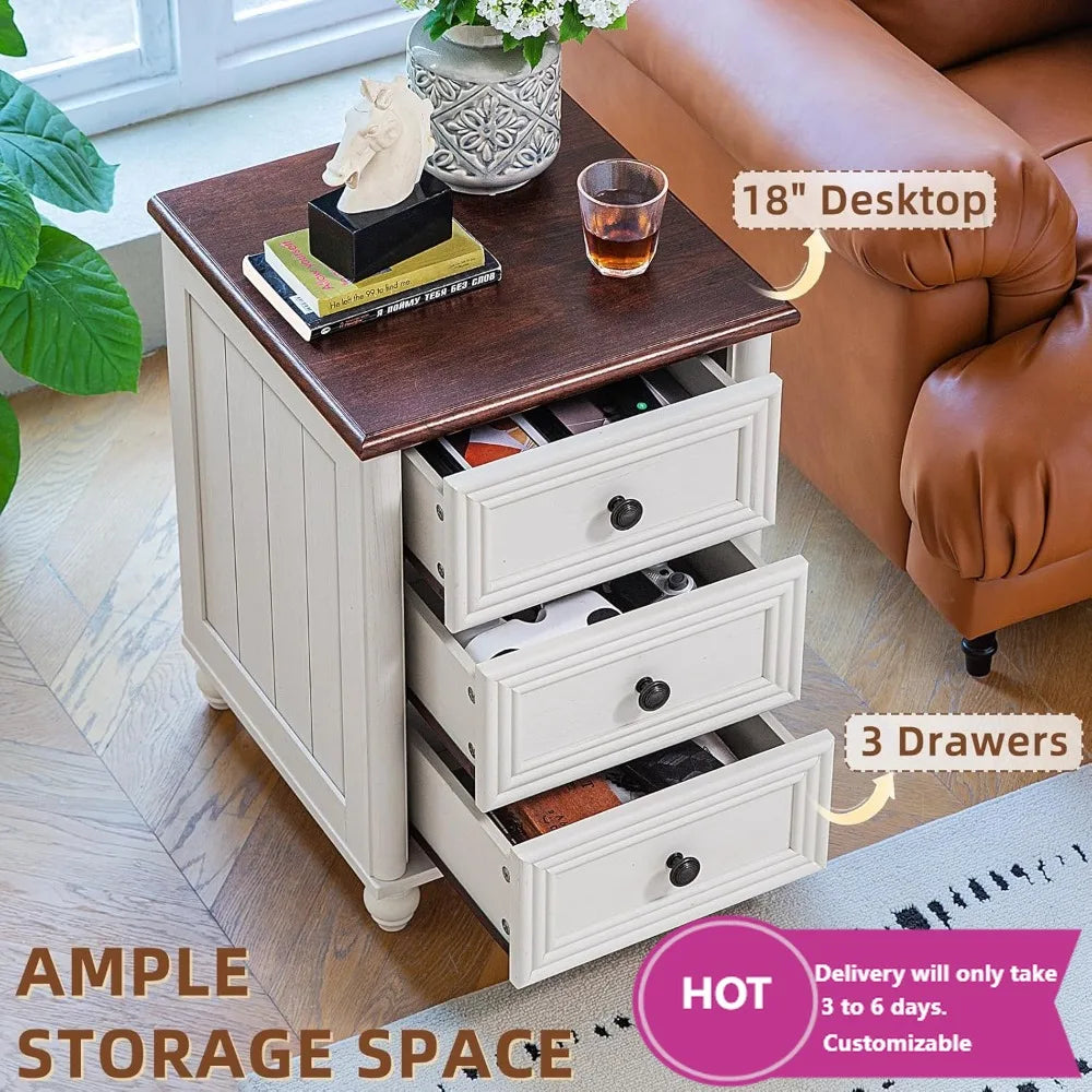 Farmhouse Nightstand Set of 2, White Wood Bedside Table with 3 Drawers and Roman Column Legs for Bedroom Storage