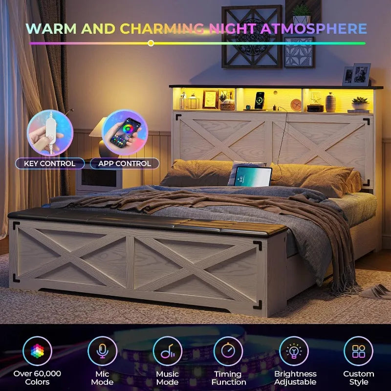Farmhouse Queen Bed Frame with Storage Headboard, Charging Station and LED Lights Queen Size Platform Bed Frame with Stor