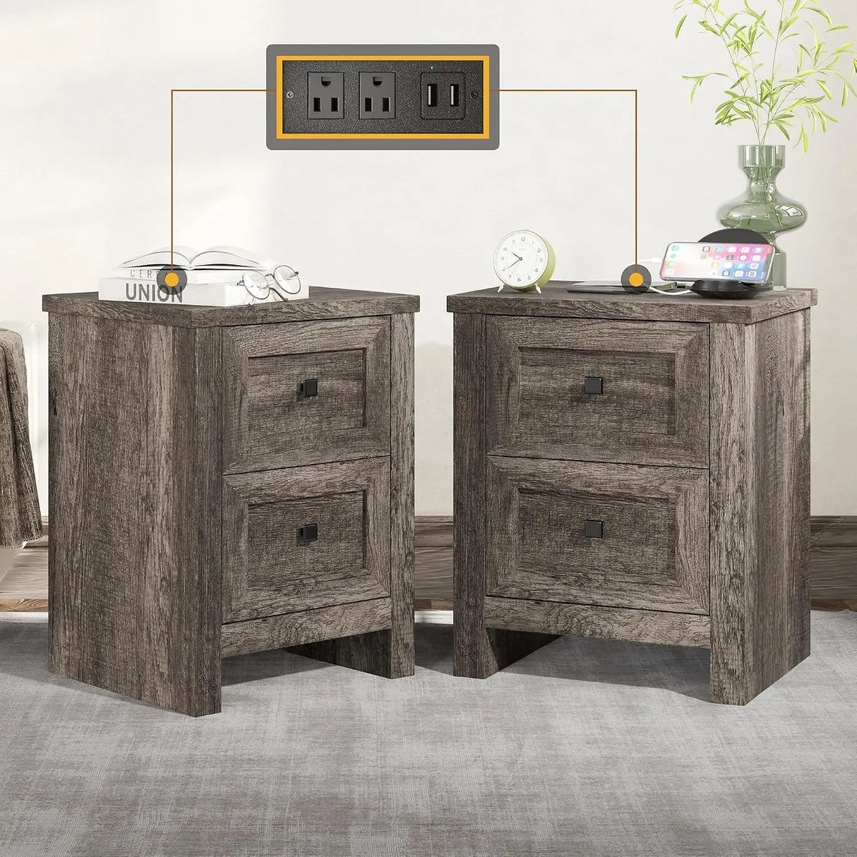 Nightstand Set of 2 with Charging Station & USB Ports, Wood Bedside Table with 2 Drawers for Bedroom, Customized