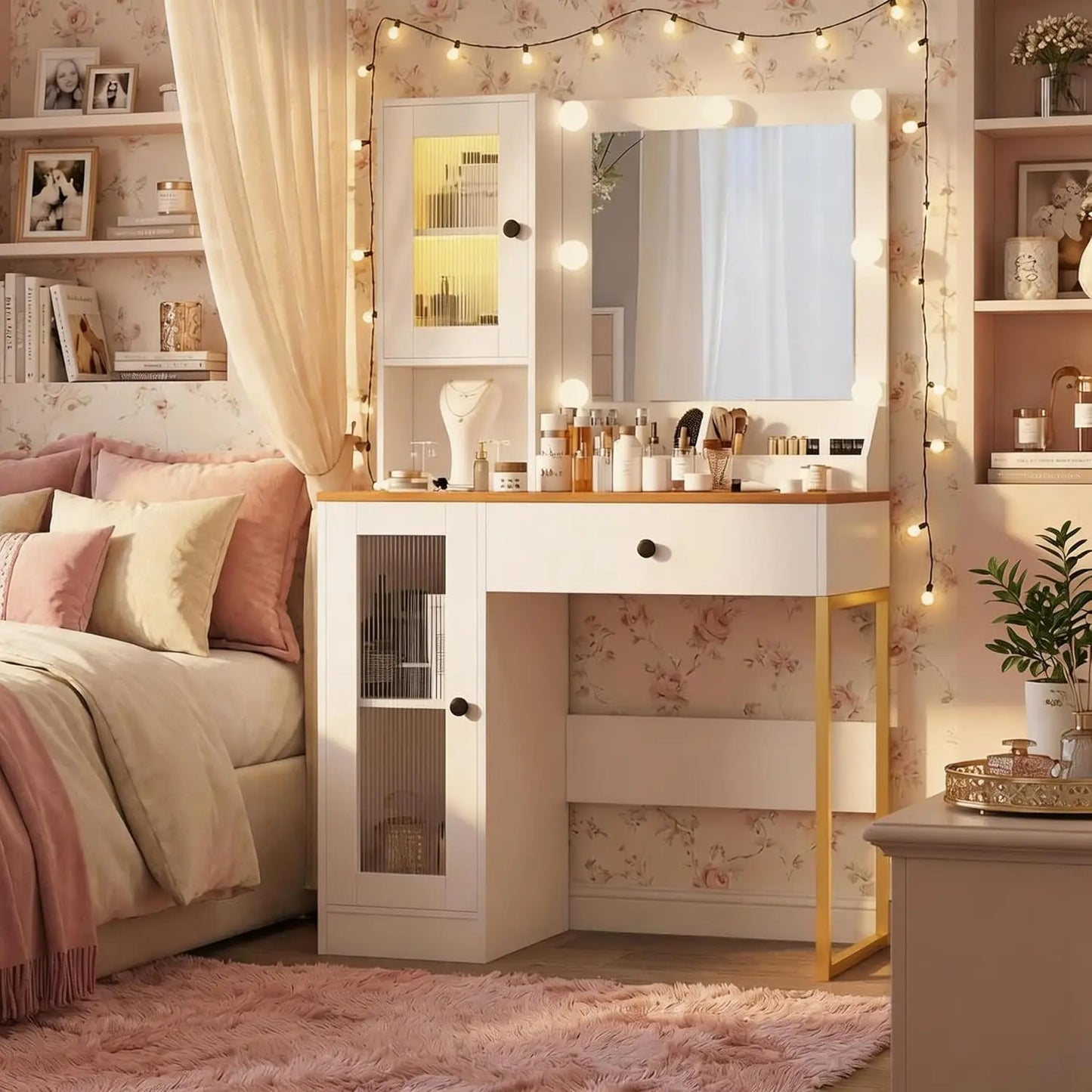 LED Vanity Mirror Desk With USB Charging And Storage Cabinet