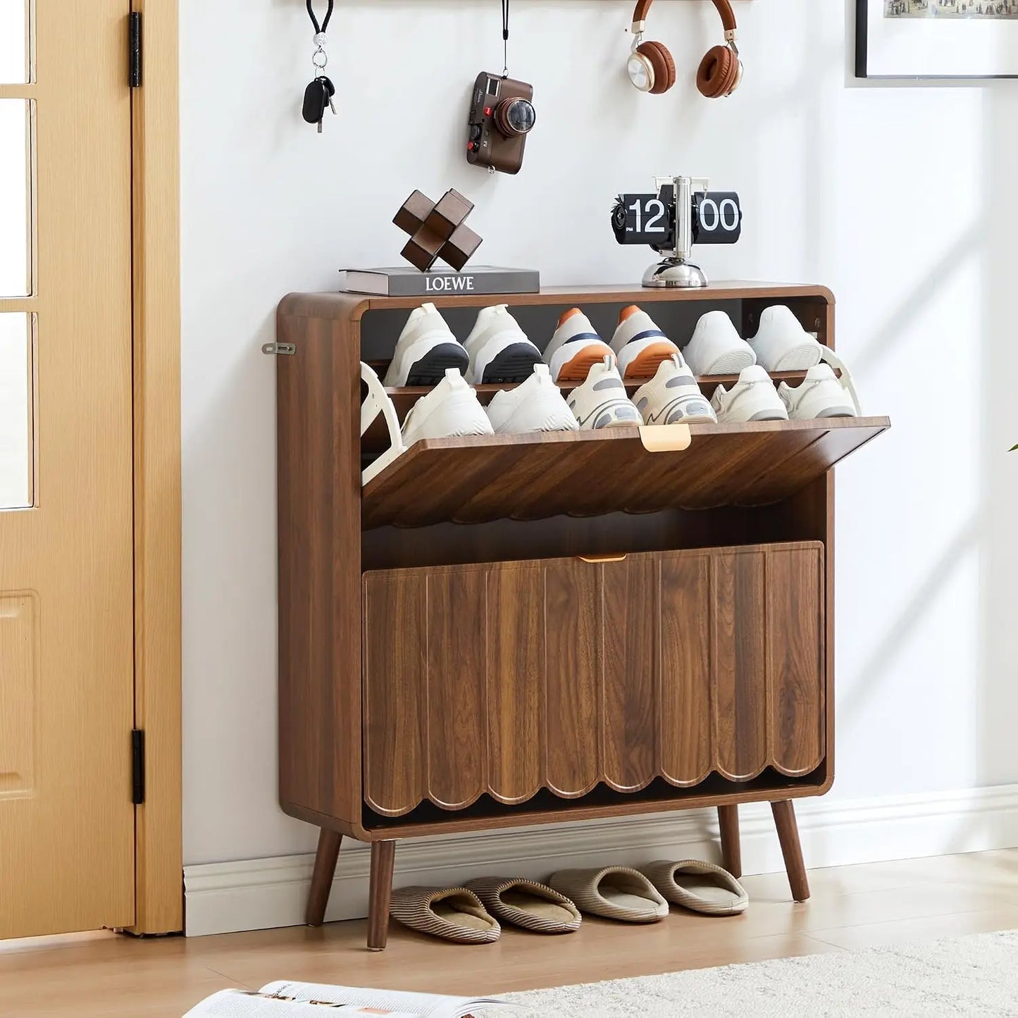 Narrow Freestanding Wood Shoe Storage Cabinet,Wave Panel & 4 Flip Drawers For Entryway, Custom