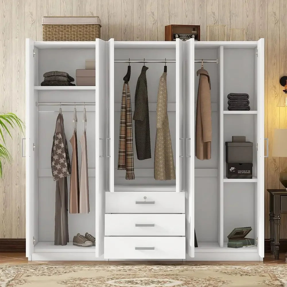Large White 6 Doors Wooden Wardrobe, Bedroom Tall Armoire Closet Organizer with Big Drawers, Hanging Rails and Shelves, Clothes