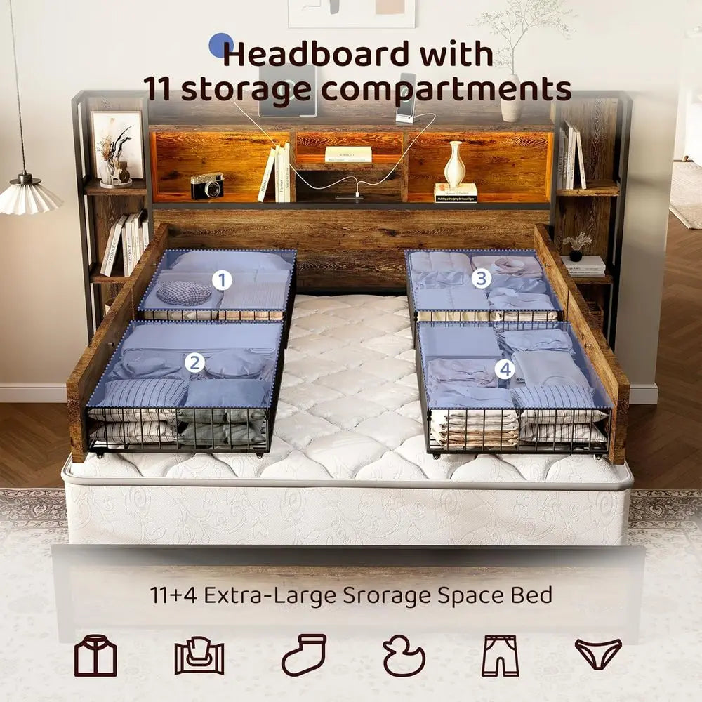 BRELTAM Platform Bed With 4 Storage Drawers And Lighted Charging Station
