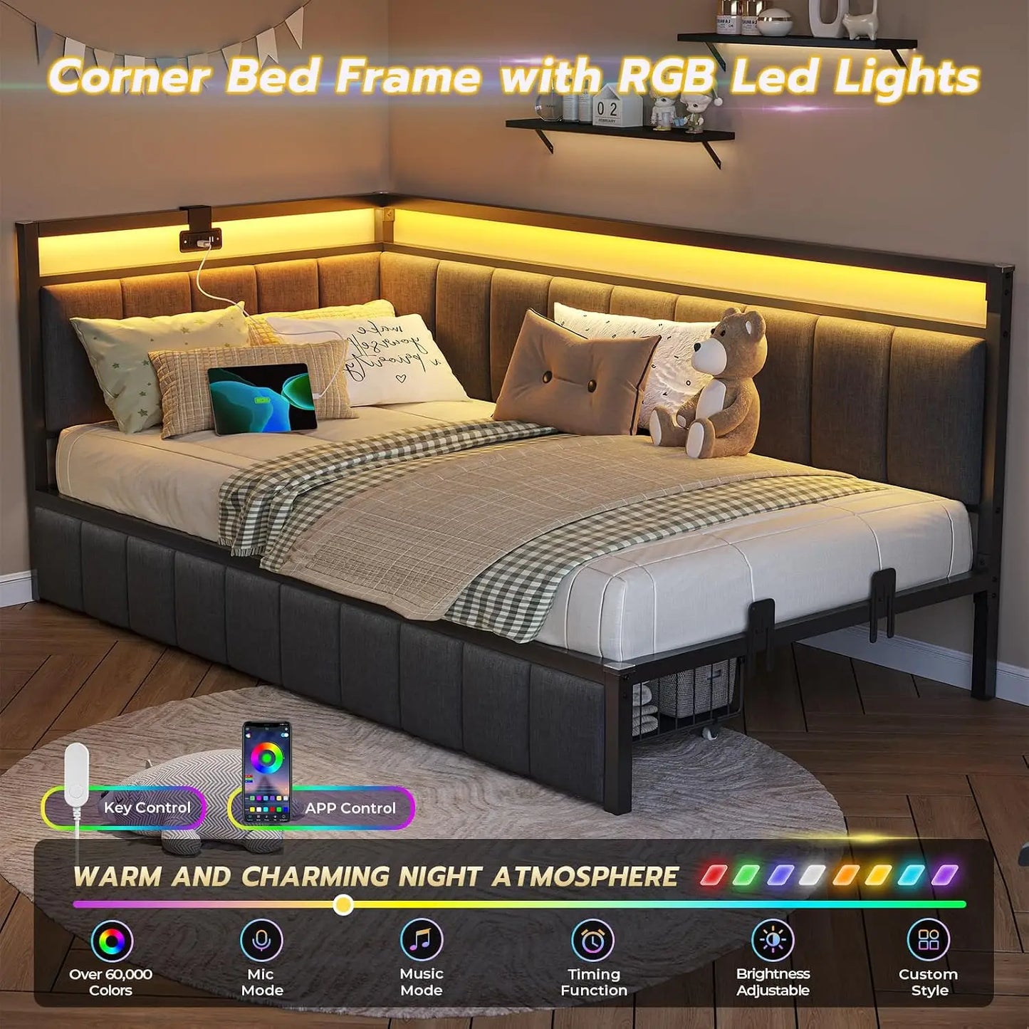 DICTAC Twin Corner Bed Frame with 2 Storage Drawers and Charging Station Twin Bed Frames with Storage and Led Lights Twin Size D