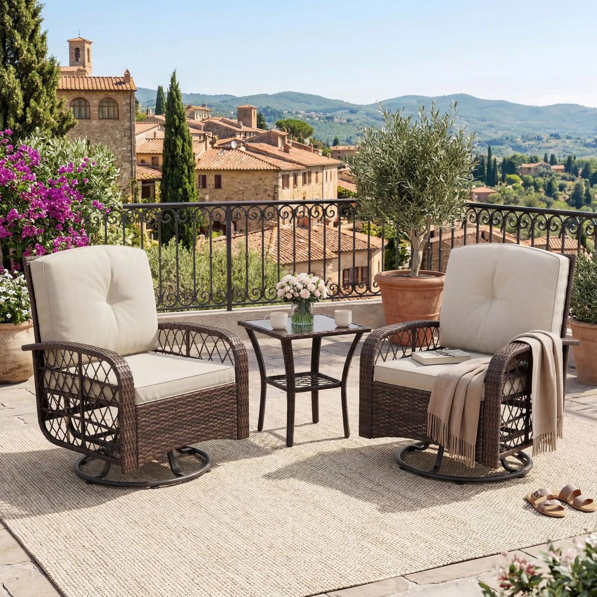 HiMISS Outdoor Wicker Swivel Rocker Conversation Set With Glass Table