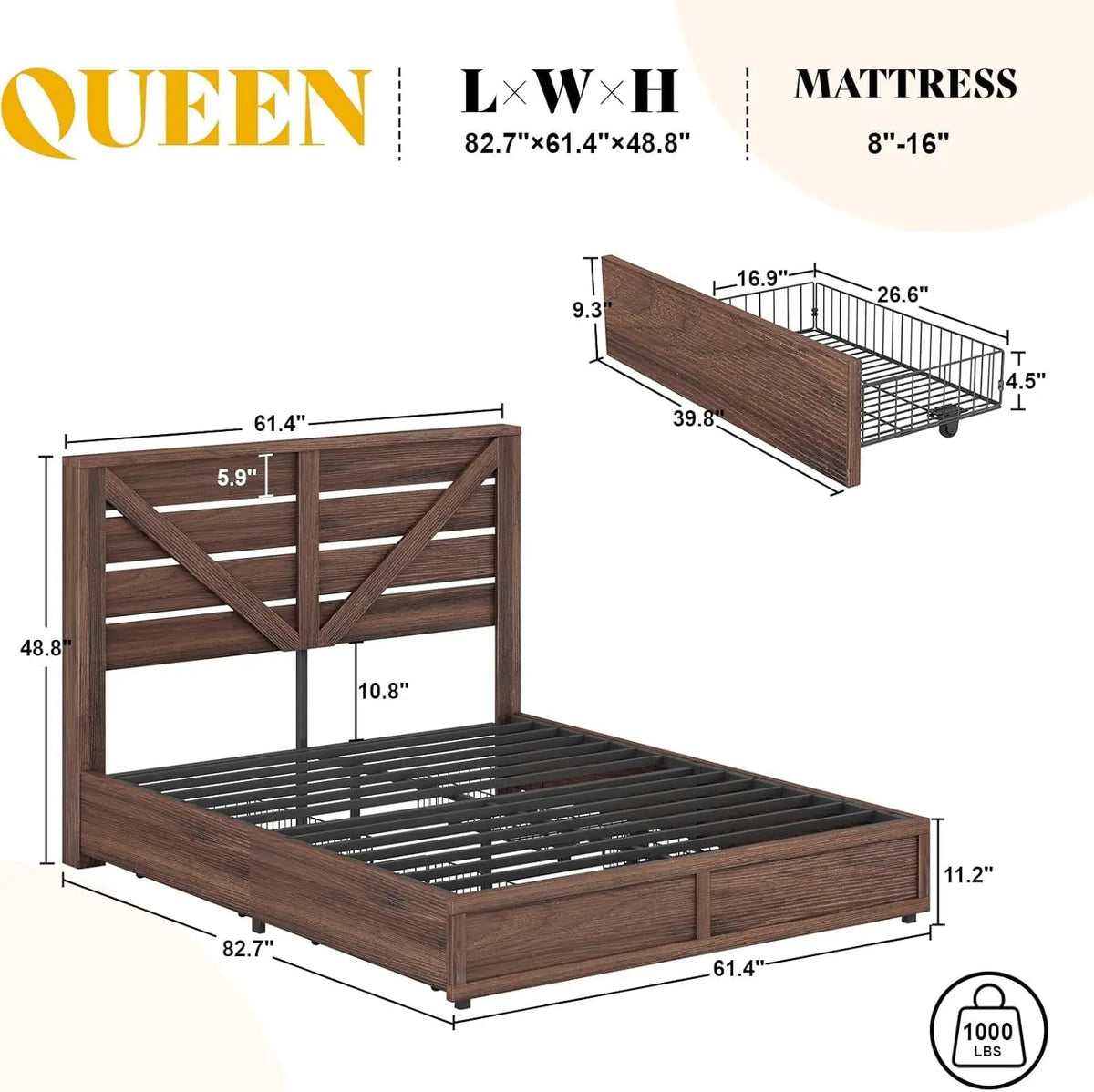 Farmhouse Queen Bed Frame with 4 Drawers, Wooden Platform Barn Door Headboard, Metal Slats, No Box Spring, White & Barnwood, Cus