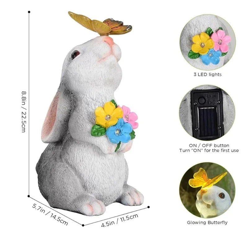 RTONTR Solar Bunny Statue With Butterfly LED Light Outdoor Decor