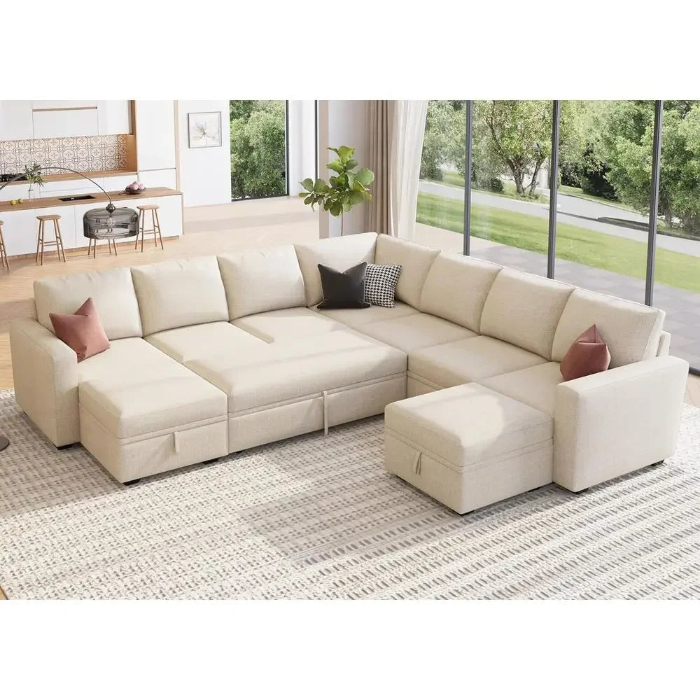 Beige Oversized Sleeper Sofa with Pull-Out Couch and Storage Sectional
