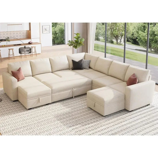 Beige Oversized Sleeper Sofa with Pull-Out Couch and Storage Sectional