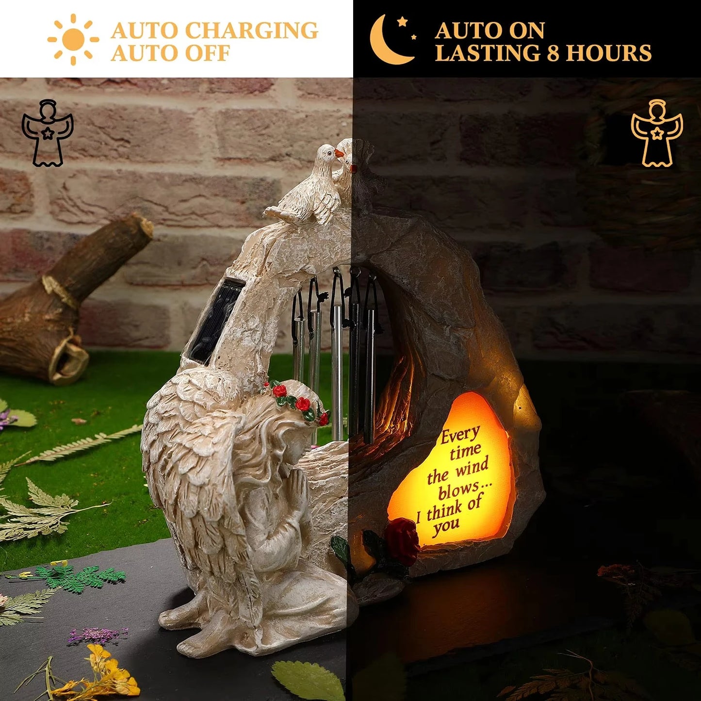 Solar Powered Angel Garden Statue With LED Wind Chimes