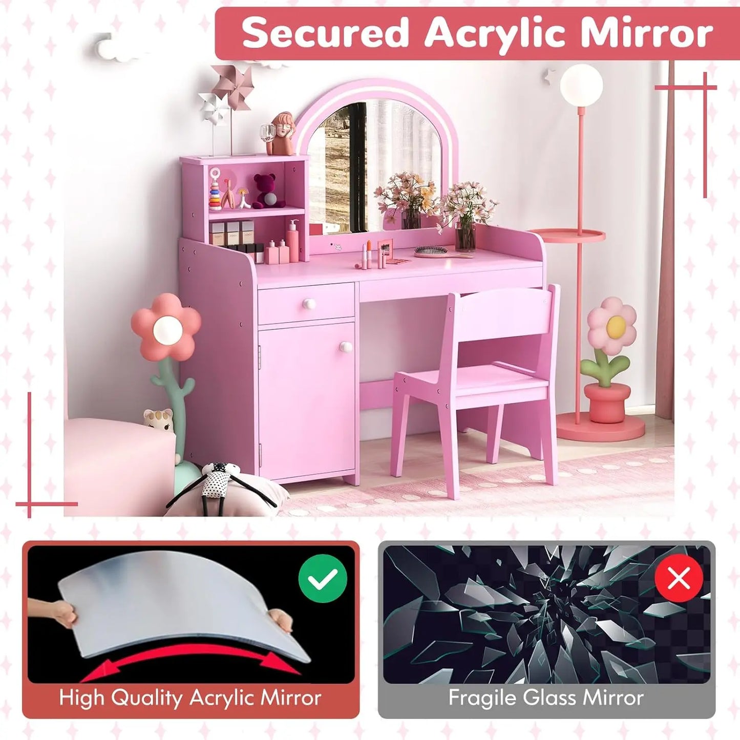 Kids Vanity Set With Lights Princess Makeup Table And Chair