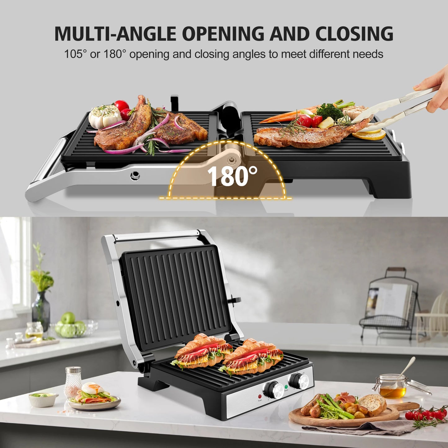 CACHOO 1600W Panini Press With Timer 180 Degree Opening