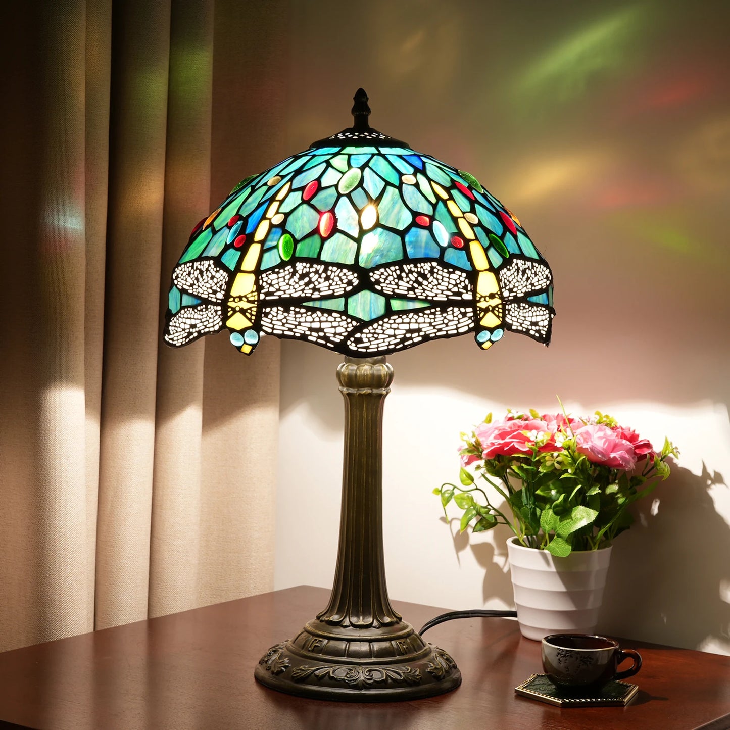 Dragonfly Stained Glass Table Lamp Retro Desk Reading Light Decor