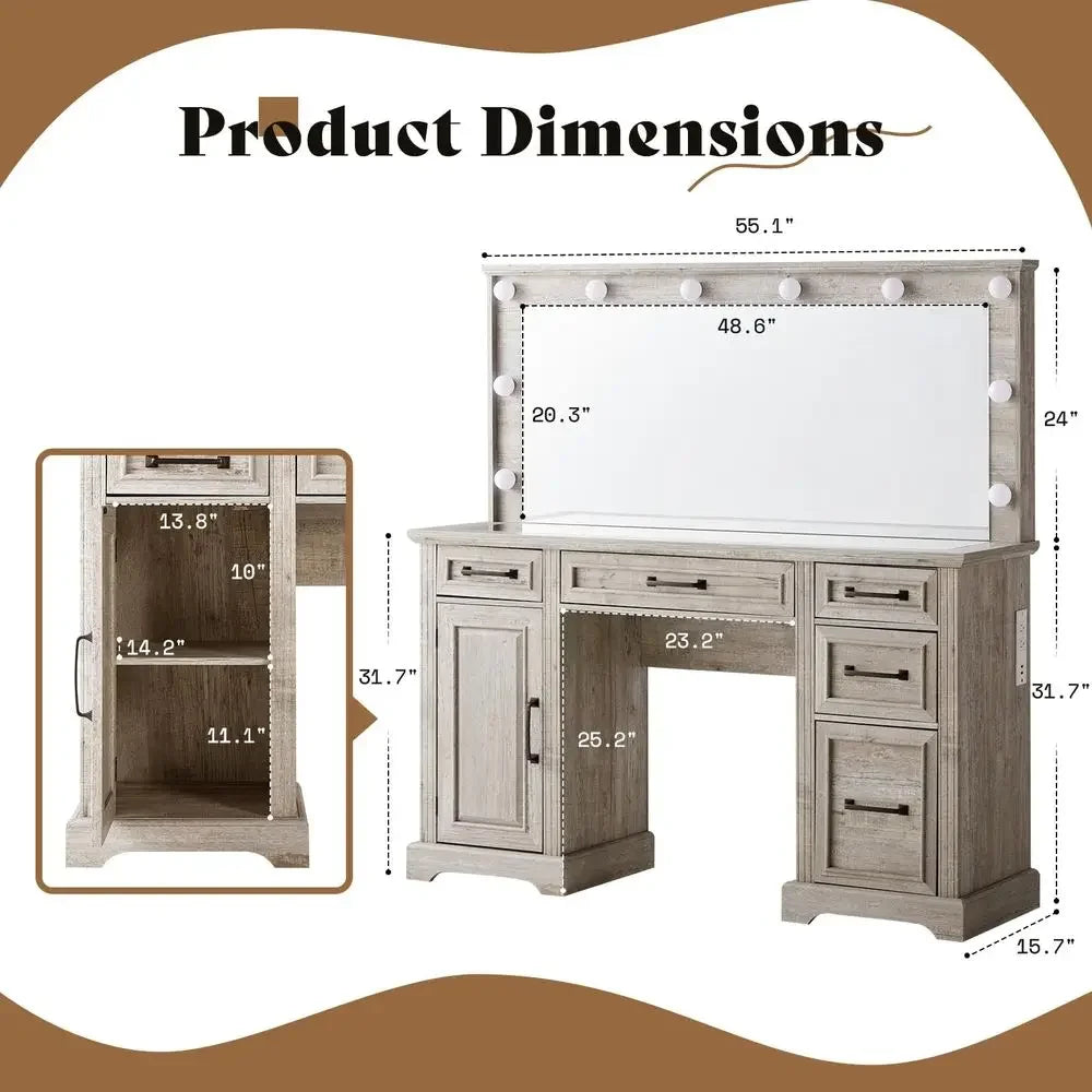Makeup Vanity With Hollywood Mirror Top And Detachable Light Bulbs
