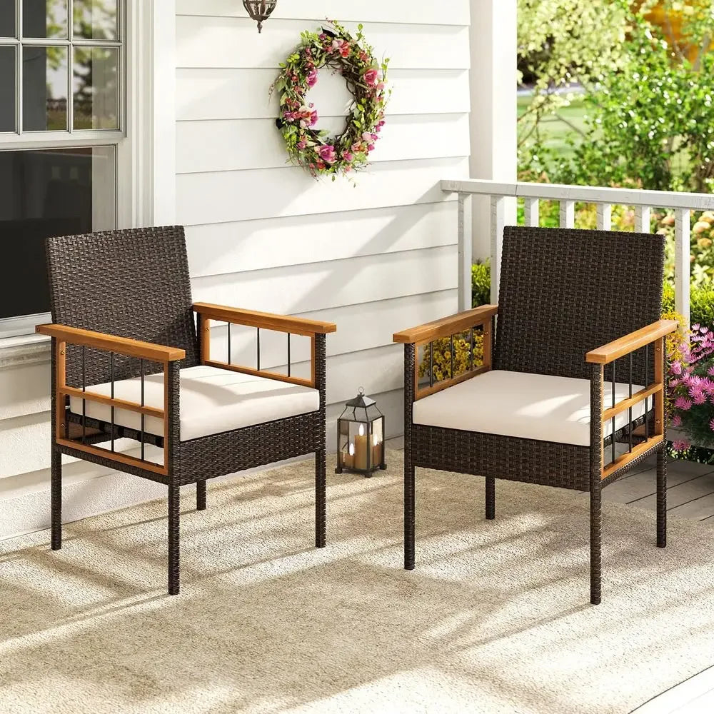 Wicker Patio Dining Chairs Set of 4, Outdoor Acacia Wood Armrest Dinner Chairs with Removable Cushion, Outside Chairs for Backy