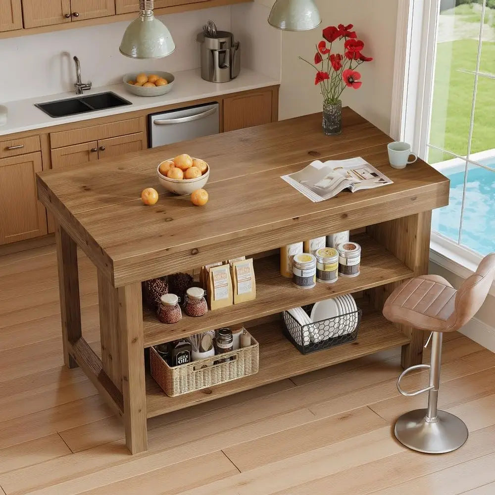 55 Natural Oak Kitchen Island with 3-Tier Shelves and Spacious Countertop