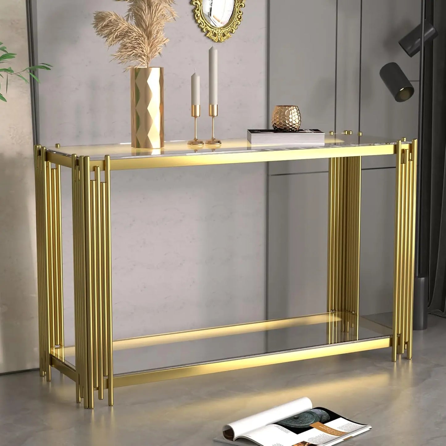 Glass Console Table With Metal Frame And Two Tier Shelf