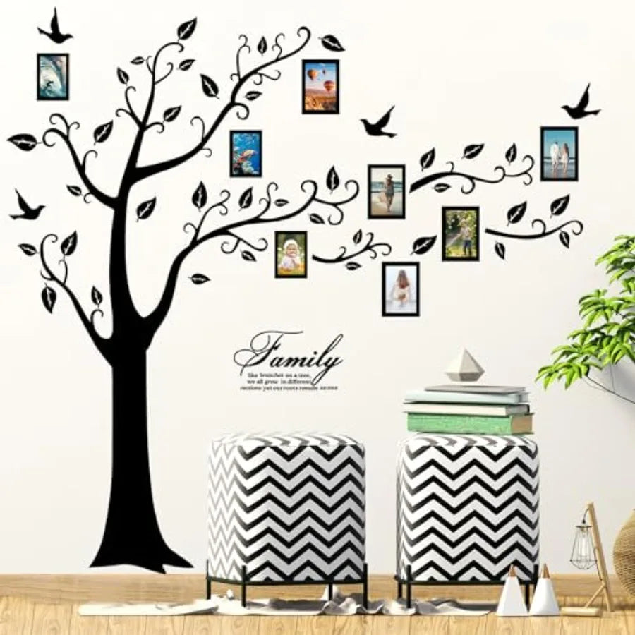 Large Family Photo Tree Wall Sticker 3D Peel and Stick Vinyl Photo Frame Tree Wall Decals Removable Quotes Leaf and Birds Wall