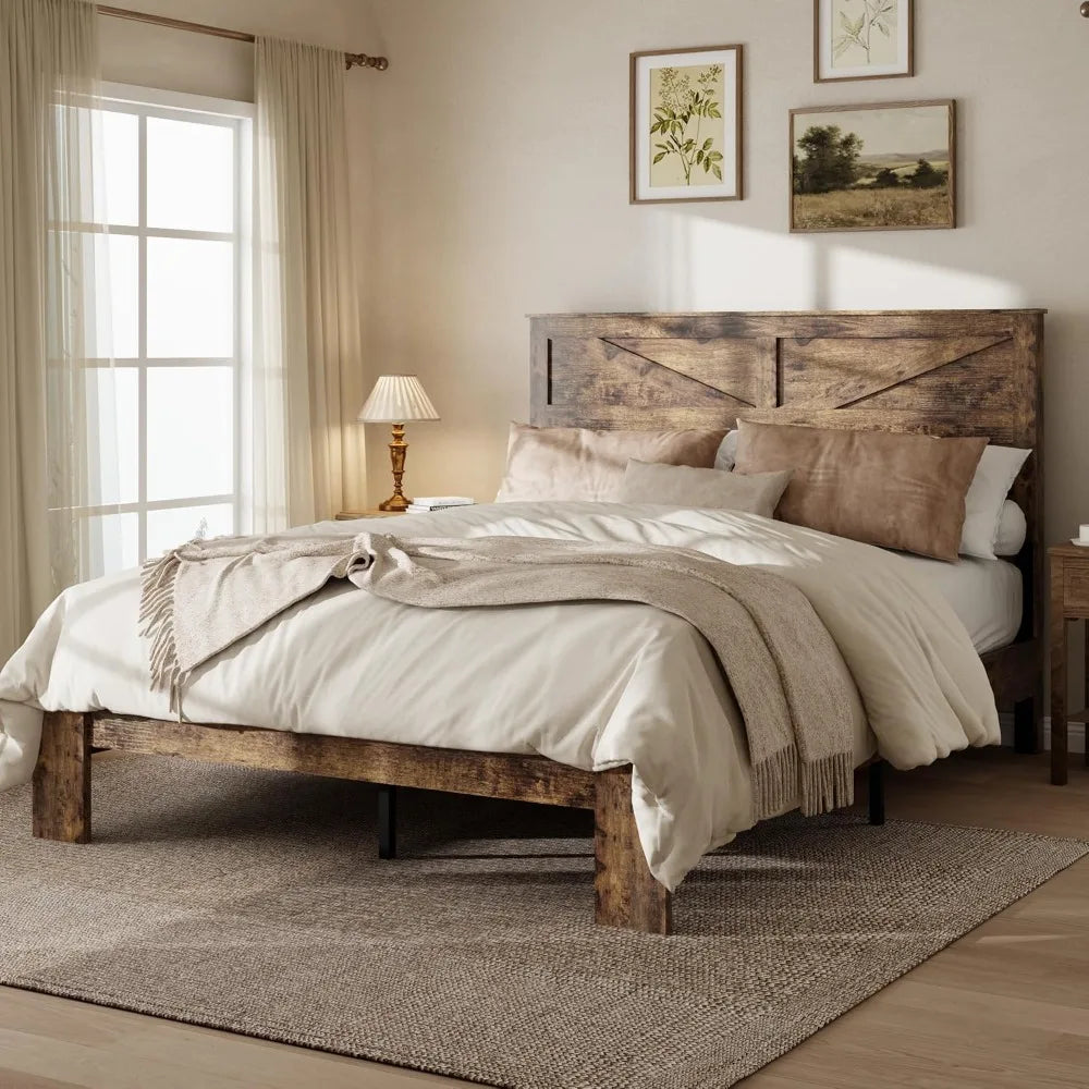 King Size Bed Frame with Barn Door Headboard, Wooden Platform, Metal Slats, Easy Assembly, Rustic Brown