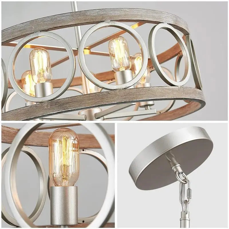 NORMICHY Industrial Circular Chandelier Farmhouse Wood Grain Ceiling Light