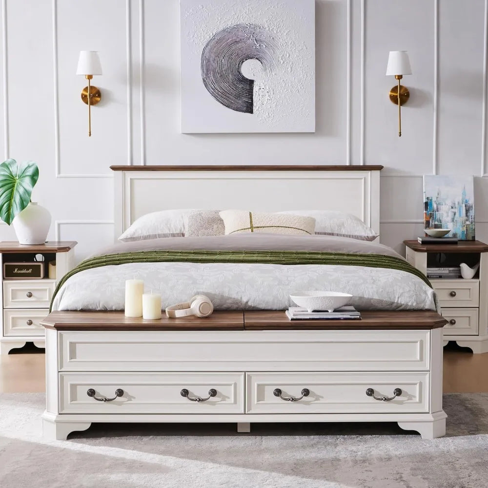 US Local Stock Best Choice Farmhouse Queen Bed with Headboard and Storage Chest Bench Rustic Wood Platform Bed with 64