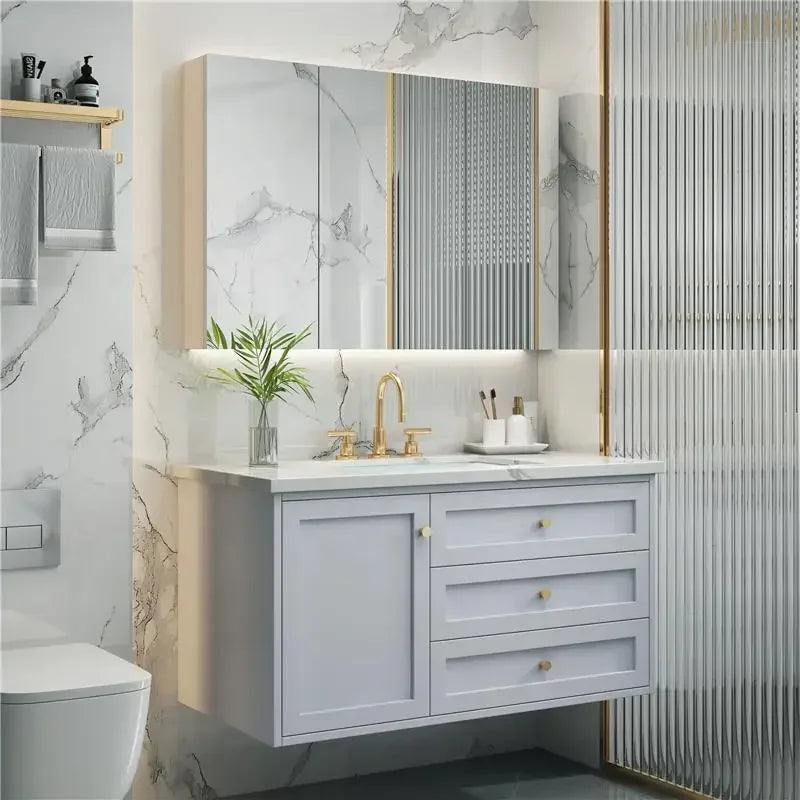 Nordic Bathroom Vanity Cabinet With Mirror Light And Ceramic Sink