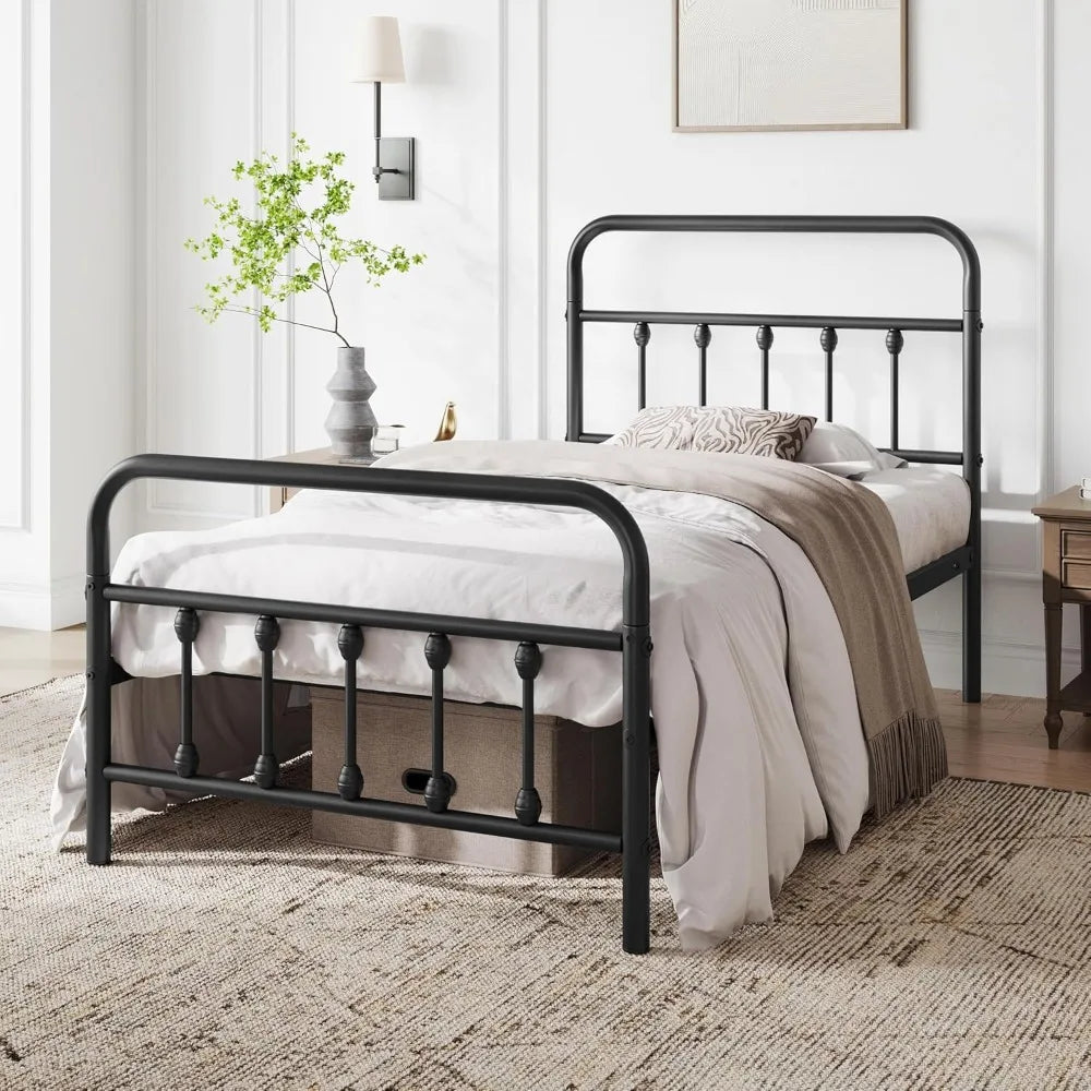 Twin Metal Bed Frame with Iron-Art Headboard, 450 lb Capacity, Storage Space, No Box Spring Needed