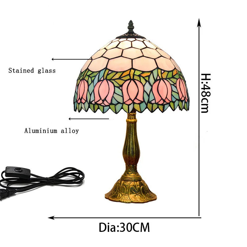 Mosaic Stained Glass Table Lamp Dragonfly Tulips Sunflowers Bedroom Home