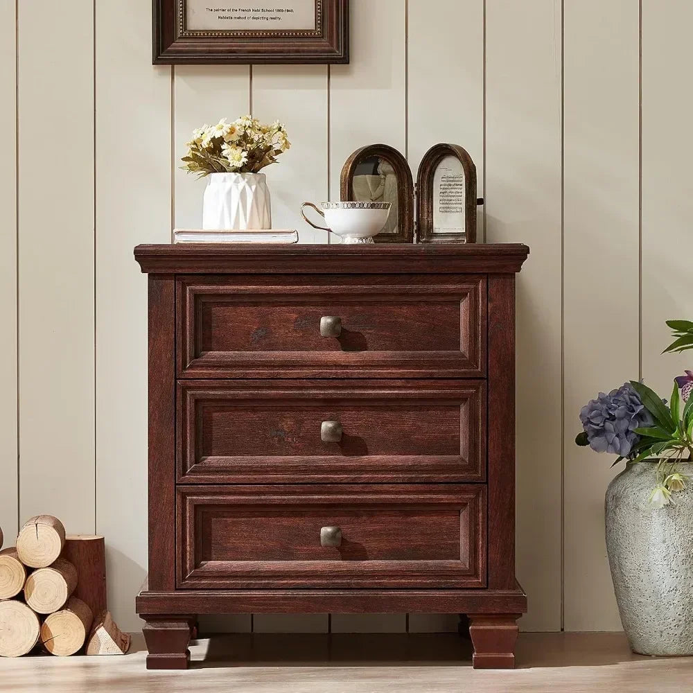 Best-Farmhouse Nightstand Set Of 2, Rustic Couch End Table With 3 Drawers & 4 Square Solid Wood Legs