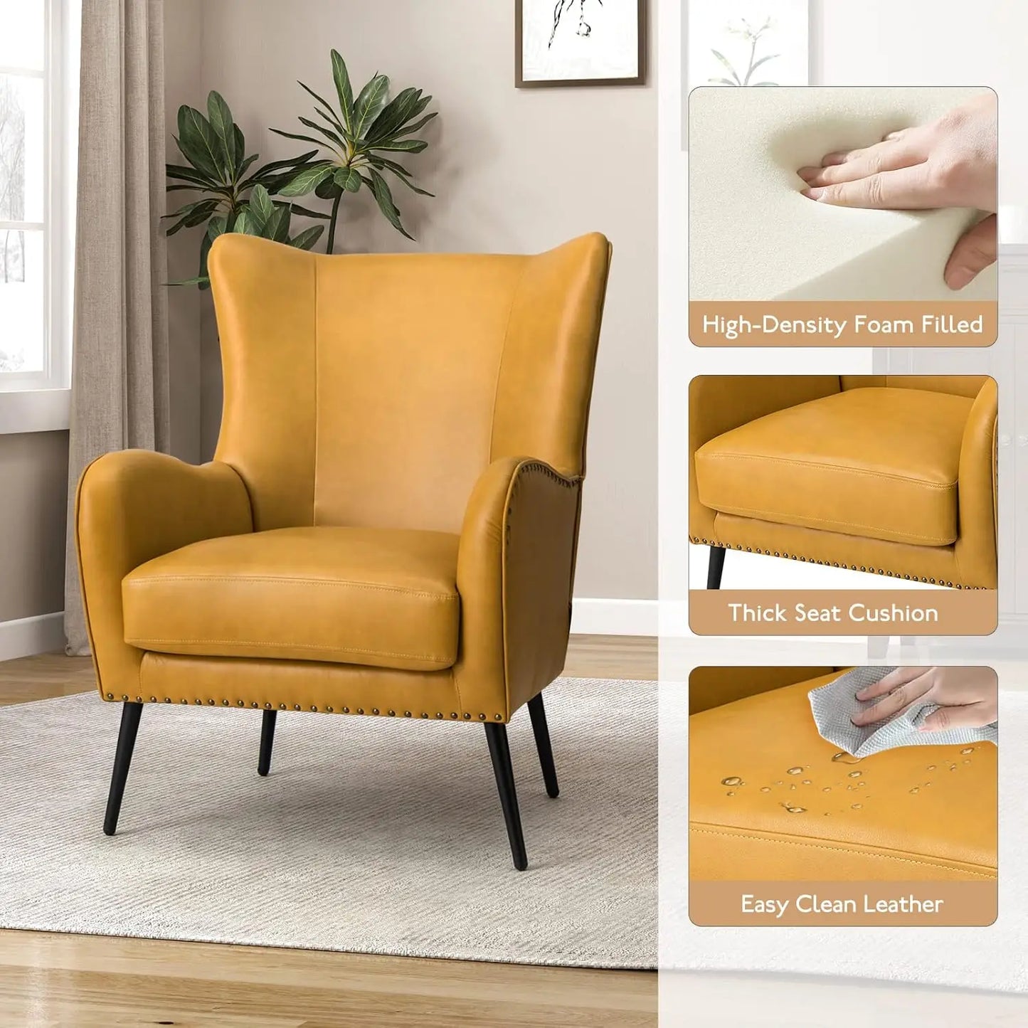 Faux Leather Accent Chair With Removable Cushion And Nailhead Trim