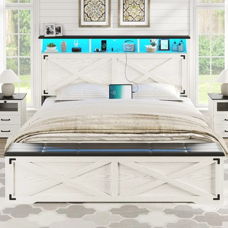 Farmhouse Queen Bed Frame with Storage Headboard, Charging Station and LED Lights Queen Size Platform Bed Frame with Stor