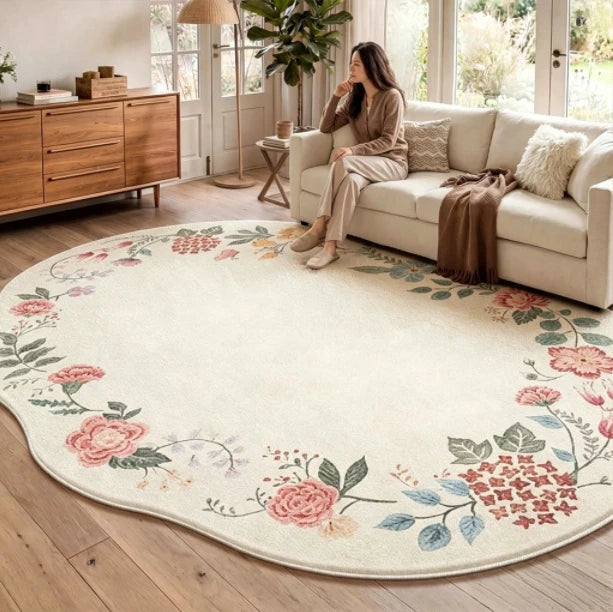 Irregular Shaped Plush Rug For Living Room With Flower Pattern