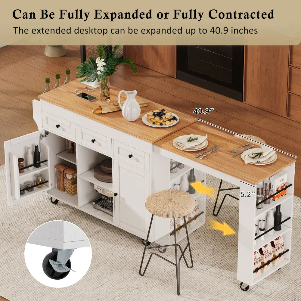 K&K 85.5" Kitchen Island with Extendable Dining Table, Kitchen Storage Table with 3 Side Open Shelves, Rolling Kitchen Island with Power Outlet, 3 Drawers, 2 Doors, for Kitchen, Dining Room, White