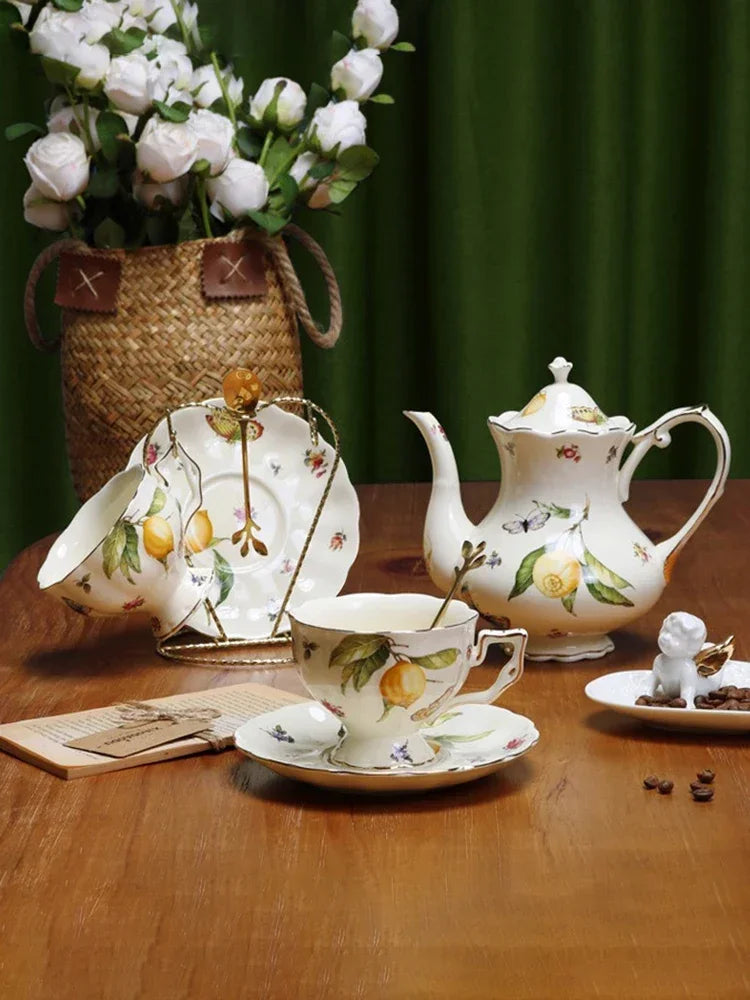 European Ceramics Coffee Cup and Saucer Teapot Elegant Lemon Pattern Creative Afternoon Tea Teaware Set with Dessert Spoon Gift