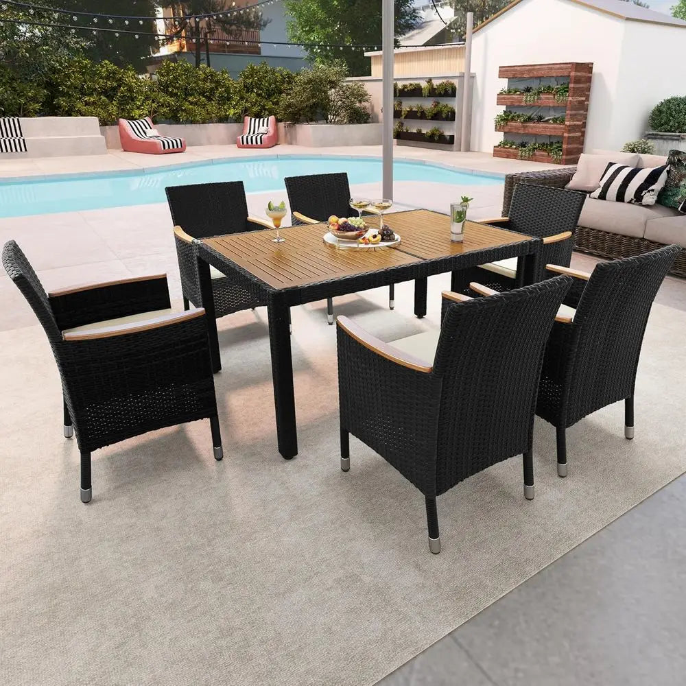 7 Piece Patio urniture Set, Outdoor Dining Acacia Wood Table Top Rattan Contion Set with Sot Cushions, 6 Chairs & 1 Table or Bac