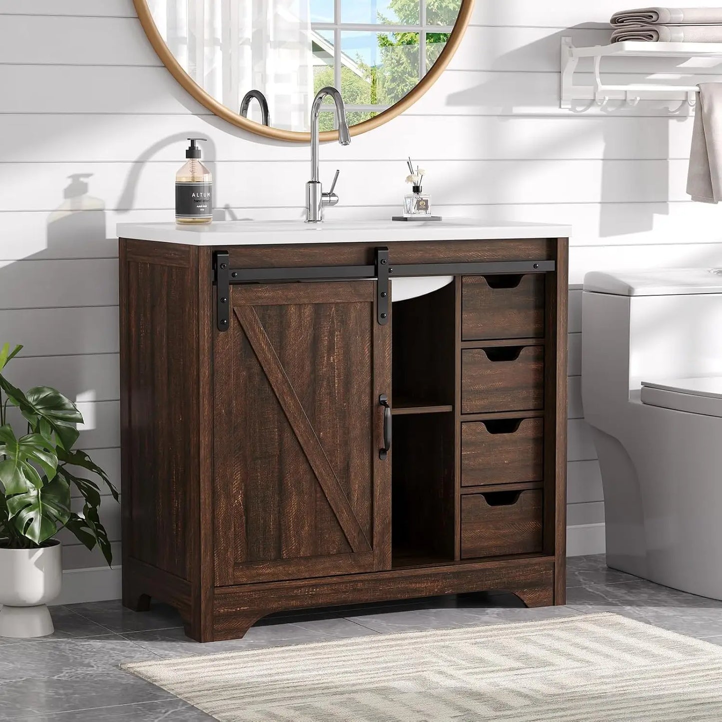 Farmhouse Sliding Barn Door Vanity With Resin Basin And Drawers