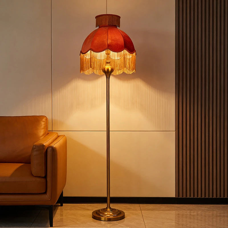 French Tassel Velvet Lampshade Floor Lamp Luxurious Retro Caramel Handmade Art Station Lamp For Living Room Sofa Bedroom Home