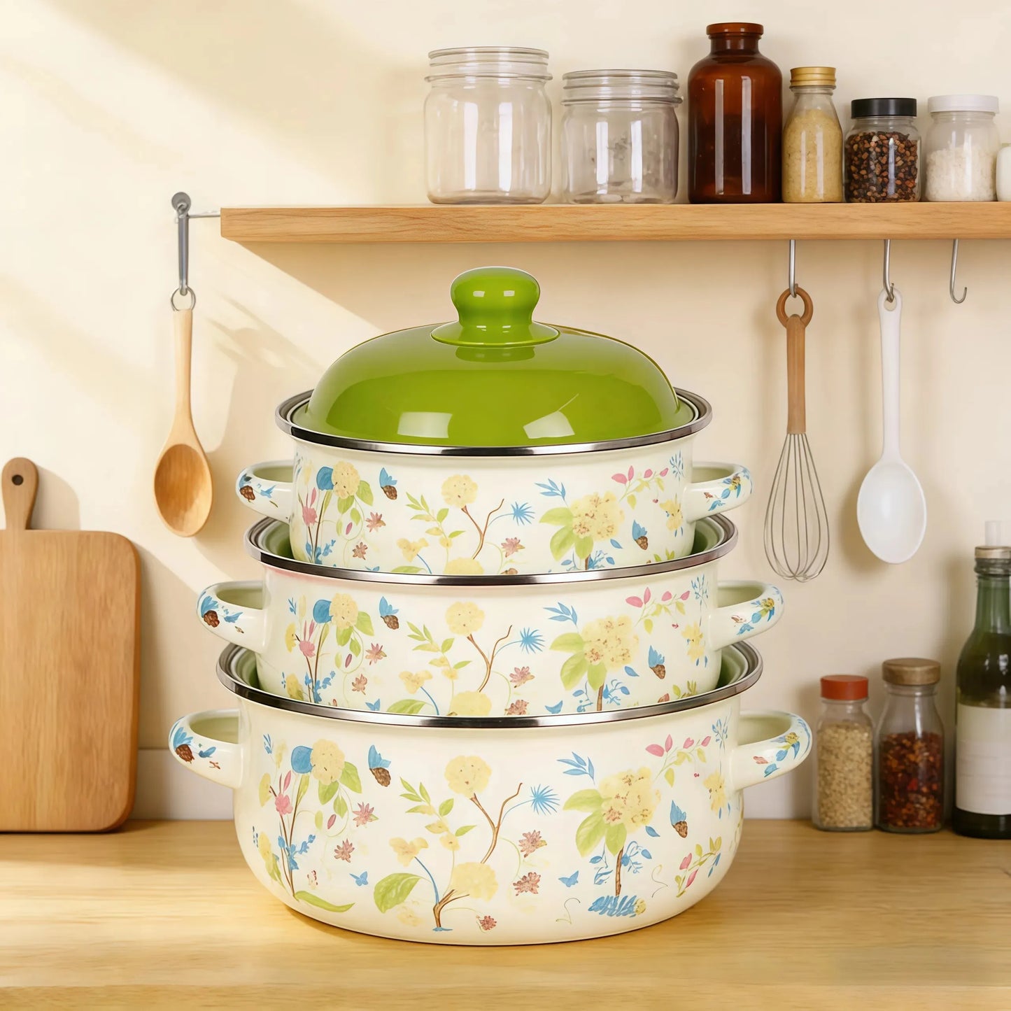 Three Piece Vintage Enamel Stock Pot Set With Lids