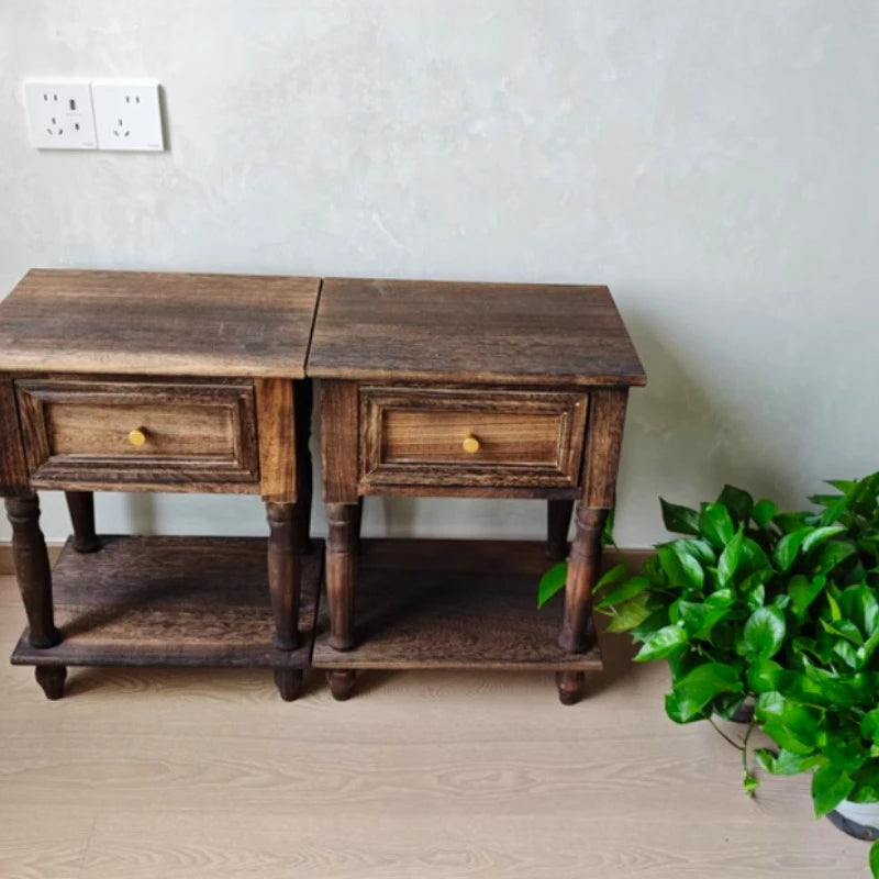 Solid Wood Vintage French Nightstand With Distressed Bedside Drawer